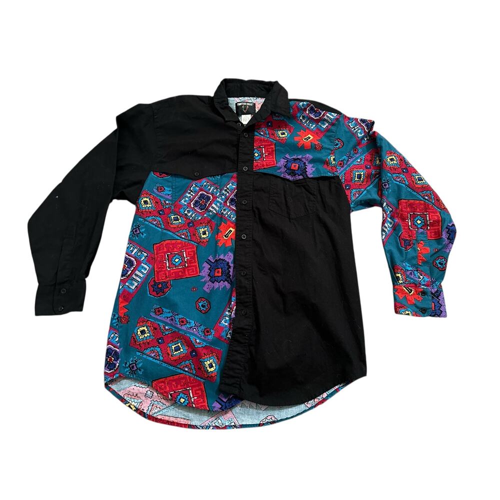 Vintage 90s Frontier Series Aztec Geometric Mens L/S Button Up Shirt VTG